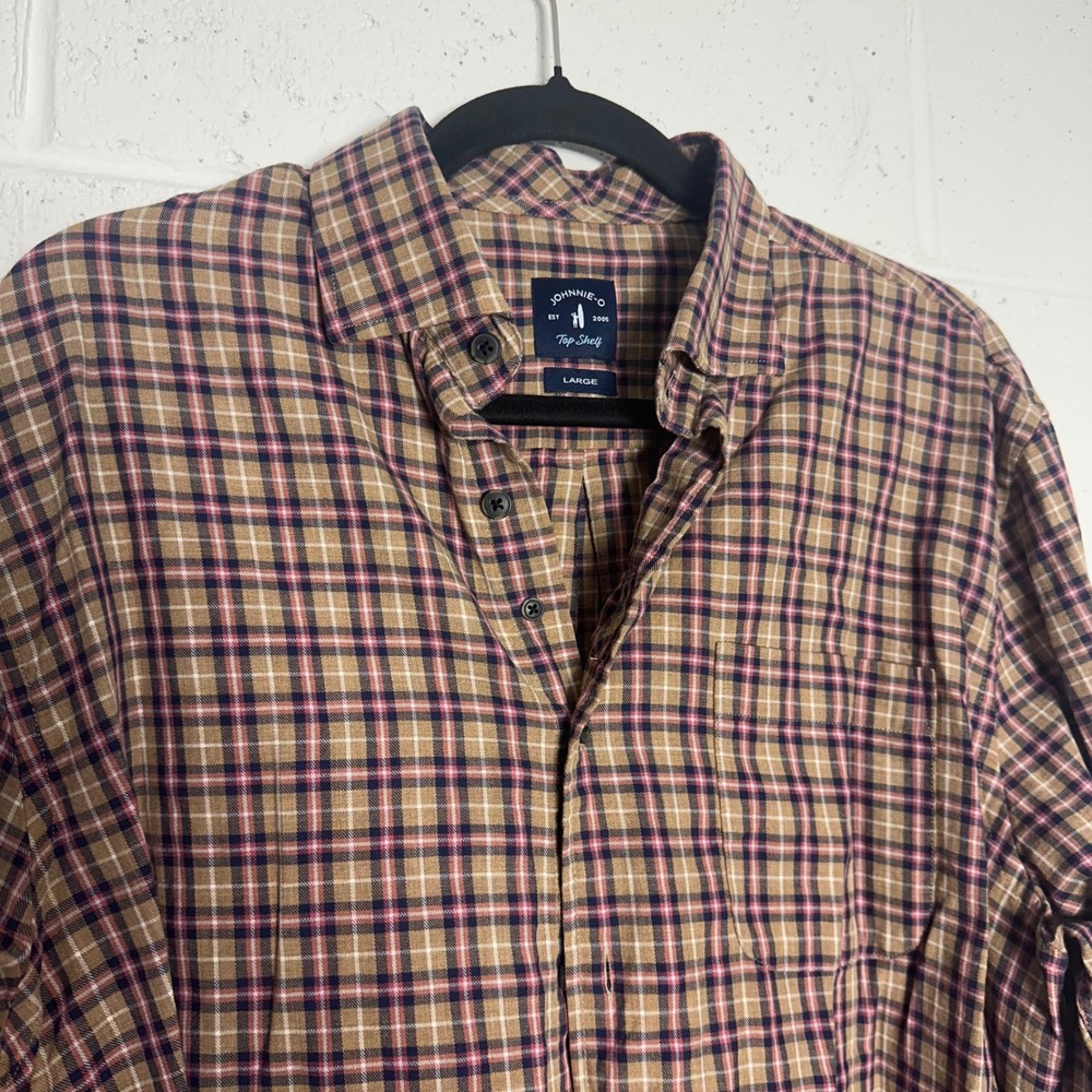 Johnnie-O Top Shelf Mens Large Plaid Button Down Shirt Tan Navy Burgundy L LS